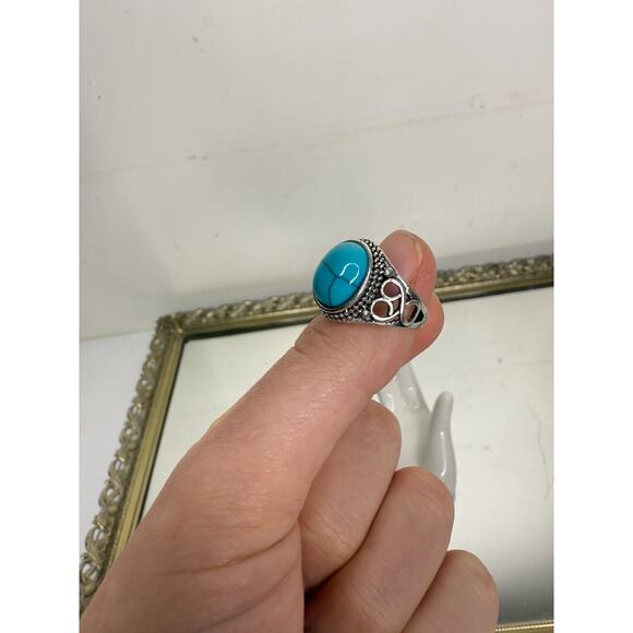 Celtic Blue Oval Faux Silver Turquoise Stone ring Size 6 - Picture 2 of 7